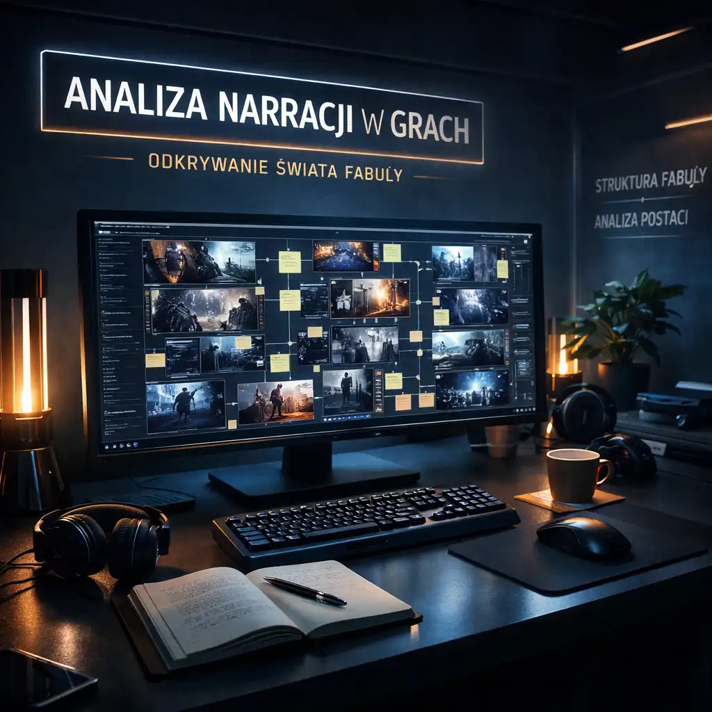 Abstrakcyjna, cyberpunkowa kompozycja symbolizująca analizę narracji gier