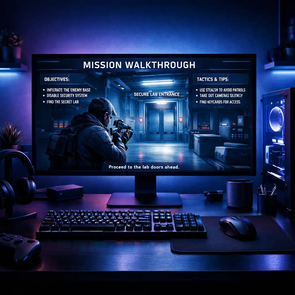 Cyber‑minimalistyczny interfejs z listą poradników do gier